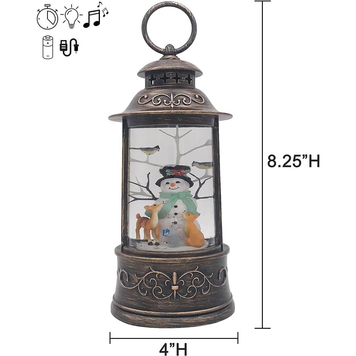 Victory Creative Snowman Musical Water Globe Lantern 8.5" Tall with Swirling Glitter, Battery Operated, Timer & USB