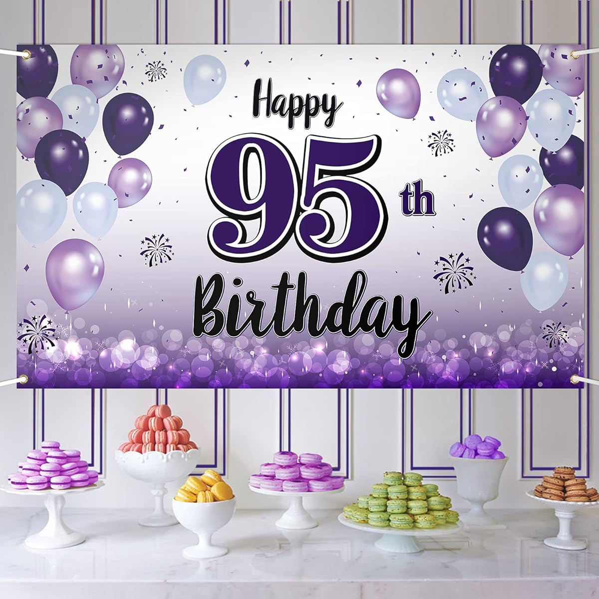 LASKYER Happy 95th Birthday Purple Large Banner - 95th Birthday Home Wall Photo Prop Backdrop 95th Birthday Party Decorations
