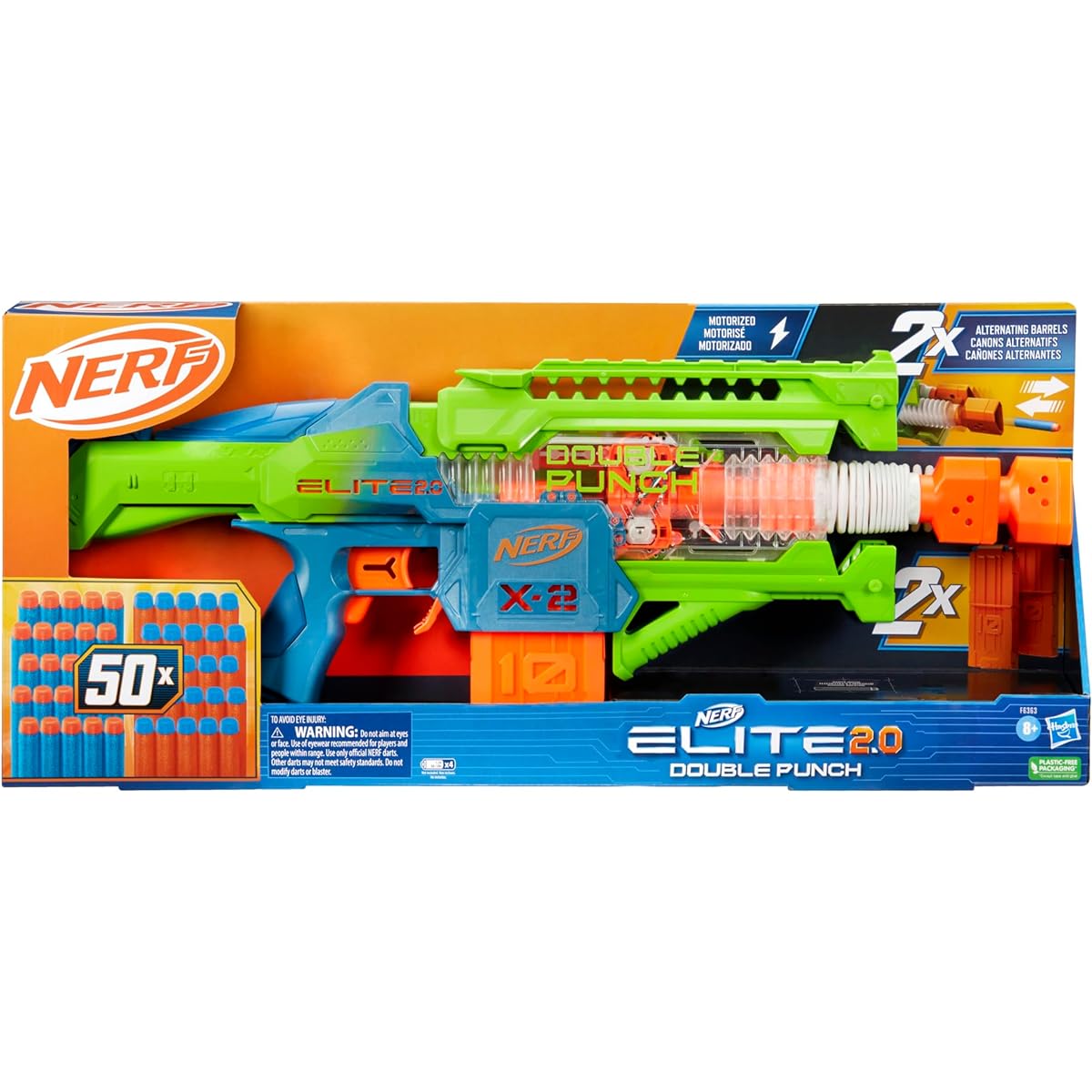 Nerf Elite 2.0 Double Punch Electric Blaster, Alternating Barrels, Includes 50 Elite Darts, Two 10-Dart Clips, Ages 8+, F6363, Authentic