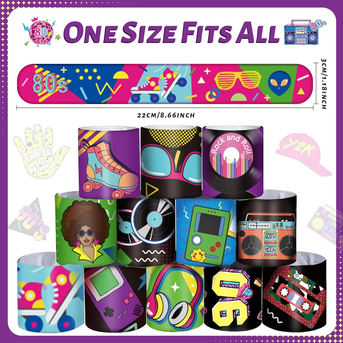 60 Pieces 80's 90's Party Favors Slap Bracelets 80's 90's Wristband Bracelet Goodie Bag Filler Throwback 80's 90's Hip Hop Retro Birthday Decorations Supplies for Kids Adults