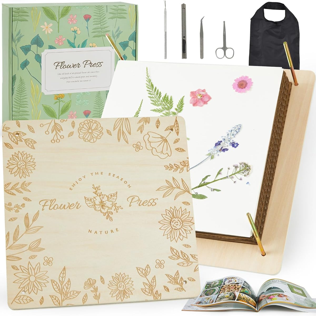 Frogprin Large Flower Press Kit, 10.8" x 10.8" 10 Layers Wooden Flower Plant Press Kit with Storage Bag and 24 Sheets Blotting Paper for DIY Pressed Flower Art and Crafts for Adults & Kids, Great Gift