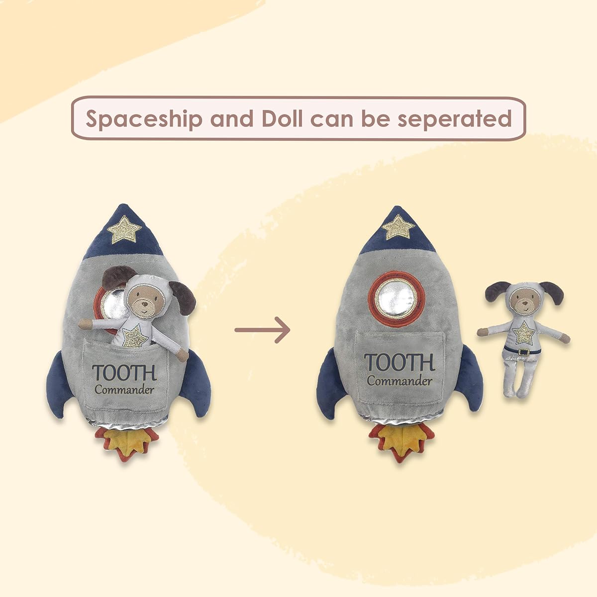 MON AMI Spaceship Tooth Commander Pillow with Pocket for Boys Tooth Fairy Plush Set, Well-Constructed Stuffed Animals for Kids and Toddlers, Use as Toys and Room Decoration, First Loose Tooth Gift for Kids, 11 Inches
