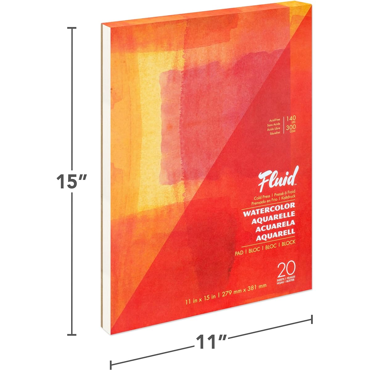 Fluid Artist Watercolor Pads, 140lb (300GSM) Cold Press Paper Pads for Watercolor and Wet Media, Folded 11 x 15 Inch, 20 White Sheets