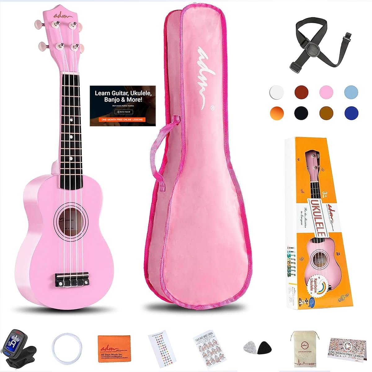 ADM Soprano Ukulele Beginner 21 Inch Hawaiian Wood Ukulele Kit Kids Adults Student Starter Professional Ukalely Pack Bundle Free Lessons Gig Bag Strap Nylon String Tuner Pick, Pink