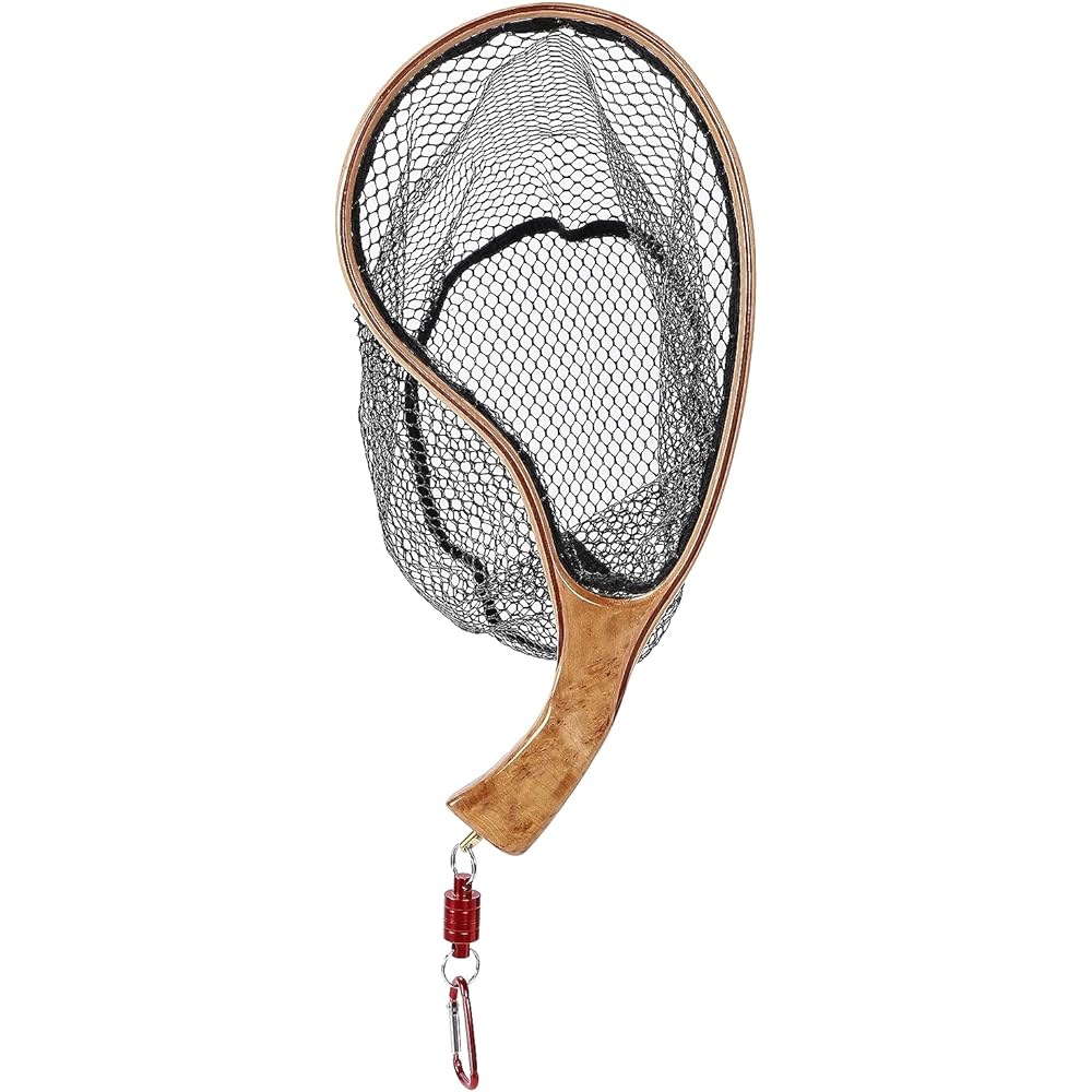 (Manaheart) Rubber Coating Net, Tamo Net, Ball Net, Mountain Stream, Wooden Landing Net, Rubber Net, Lightweight, Curved Pattern, Small, Compact, Bait Fishing, Mountain Stream Fishing, Fly Fishing, Wood Frame, Fly Crank, Trout