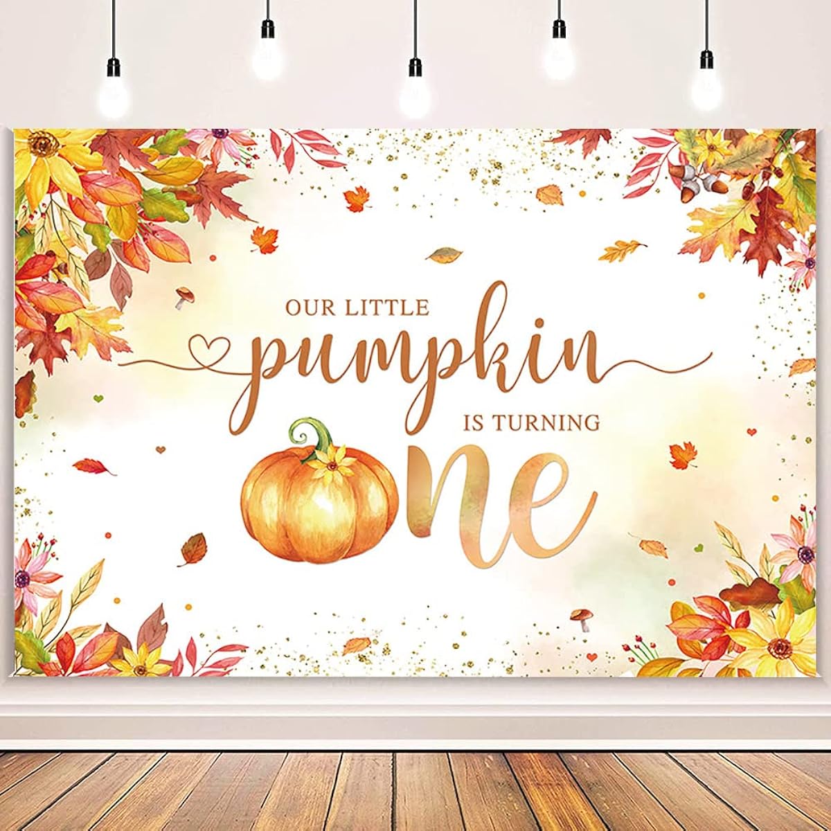 MEHOFOND 7x5ft Pumpkin 1st Birthday Backdrop Fall Leaves Gold Dots Our Little Pumpkin is Turning One Photo Background Happy First Birthday Party Decorations Banner Cake Table Supplies