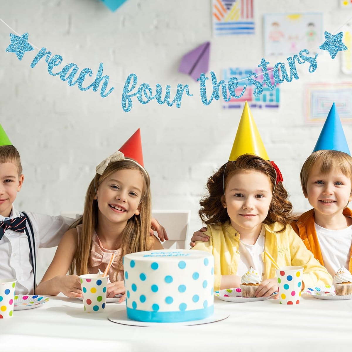 Reach Four The Stars Banner for 4 Year Old Boys and Girls, 4th Birthday Party Decorations (Sky Blue Glitter)