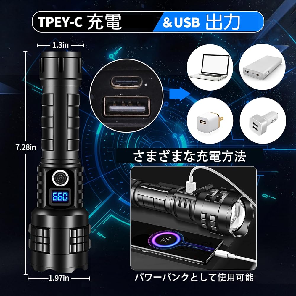 LED Flashlight Powerful Super Bright 50000 Lumens Flashlight Rechargeable Flashlight LED Powerful Military Strongest Handy Light