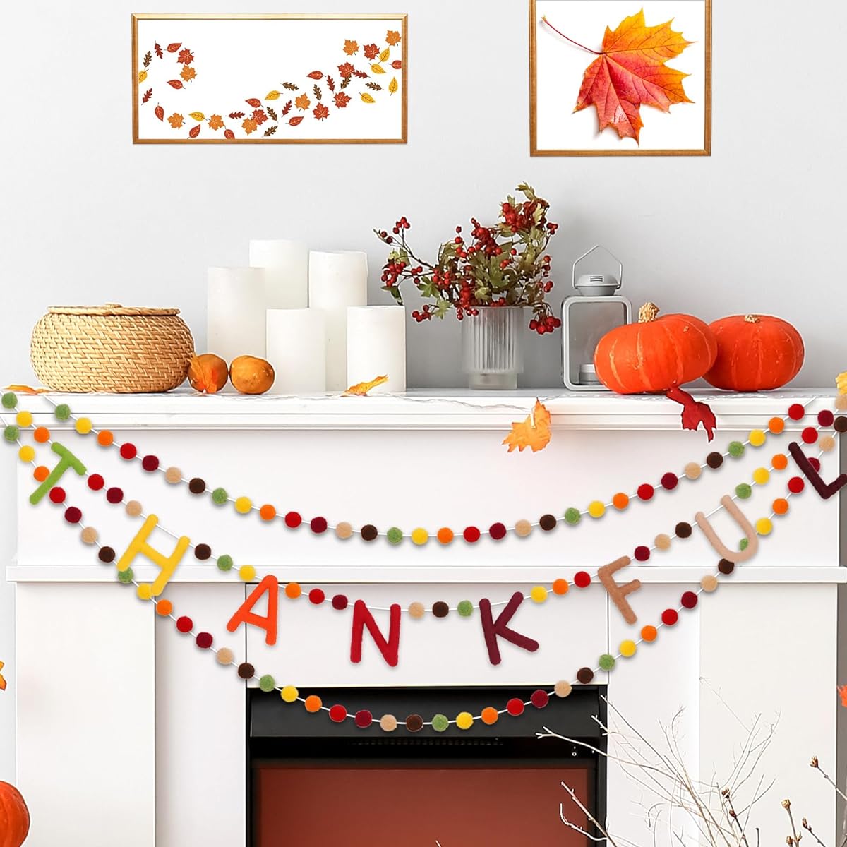 Whaline 3 Pieces Fall Felt Banner 3D Thanksgiving Banner Felt Pom Pom Ball Garland Pre-Assembled Fall Harvest Bunting Garland for Autumn Thanksgiving Party Birthday Supplies Home Hanging Decorations