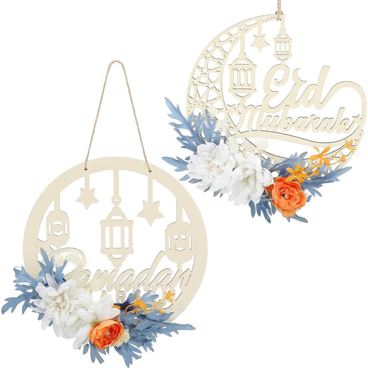 Wenqik 2pcs Eid Ramadan Kareem Wreath for Front Door Eid Al fitr Moon Decoration Artificial Small White Flowers Spring Hanging Wreath for Indoor Outdoor Party Wall Window Home Decoration