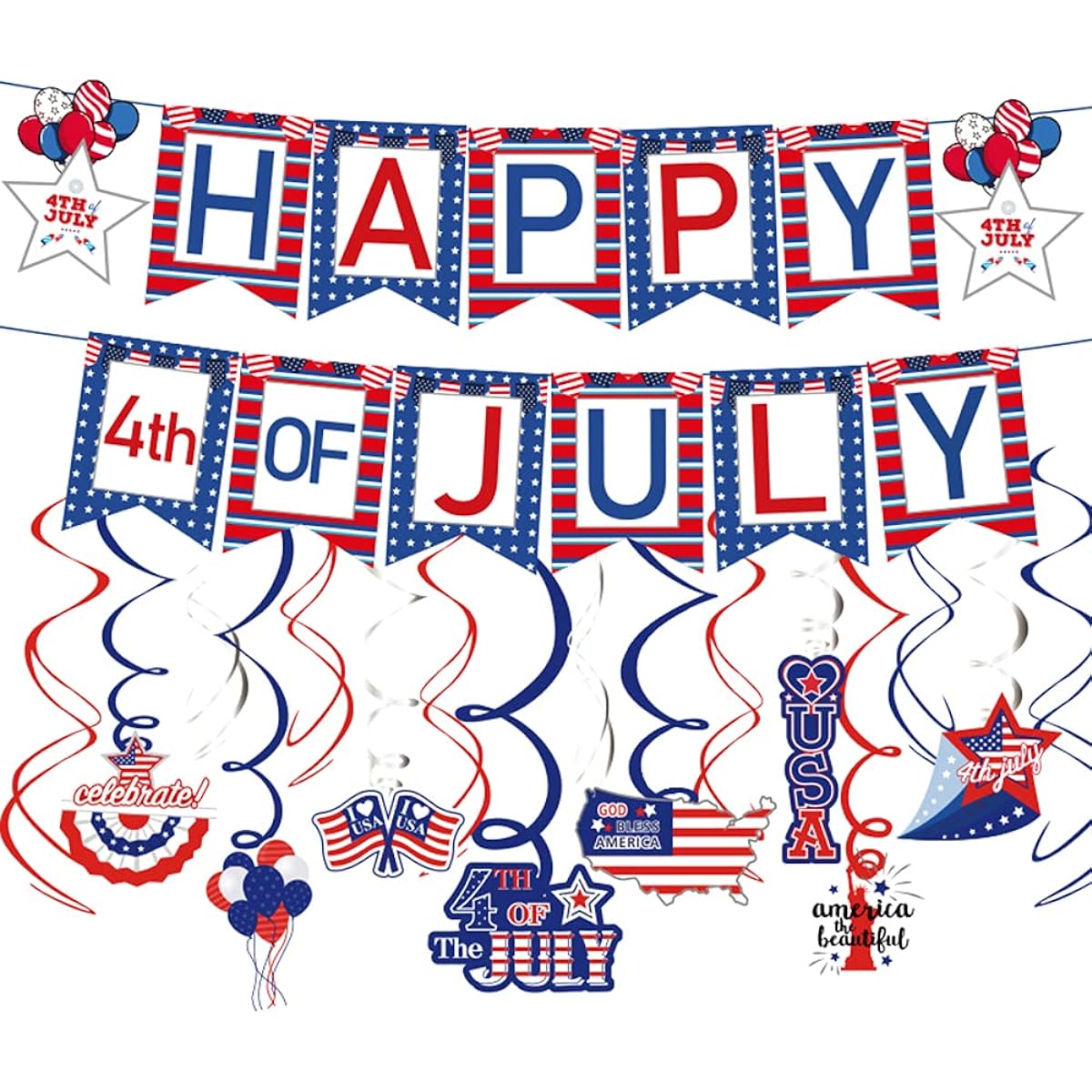 18pcs 4/4 4th of July Decorations Set Red White Blue Paper Banners American Flag Pennants Hanging Swirls Party Decoration Supplies