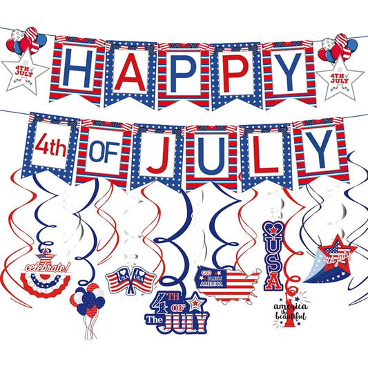 18pcs 4/4 4th of July Decorations Set Red White Blue Paper Banners American Flag Pennants Hanging Swirls Party Decoration Supplies