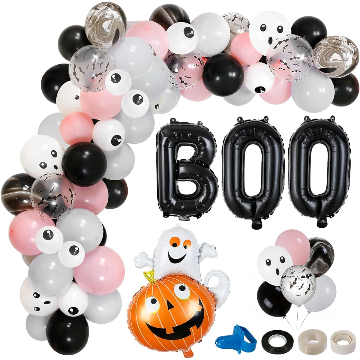 Halloween Balloon Arch Garland Kit, 130pcs Pink Black Silver Halloween Balloon Arch BOO Foil Balloons Pumpkin Ghost Balloons for Baby Girl Halloween Baby Shower Birthday Party Supplies