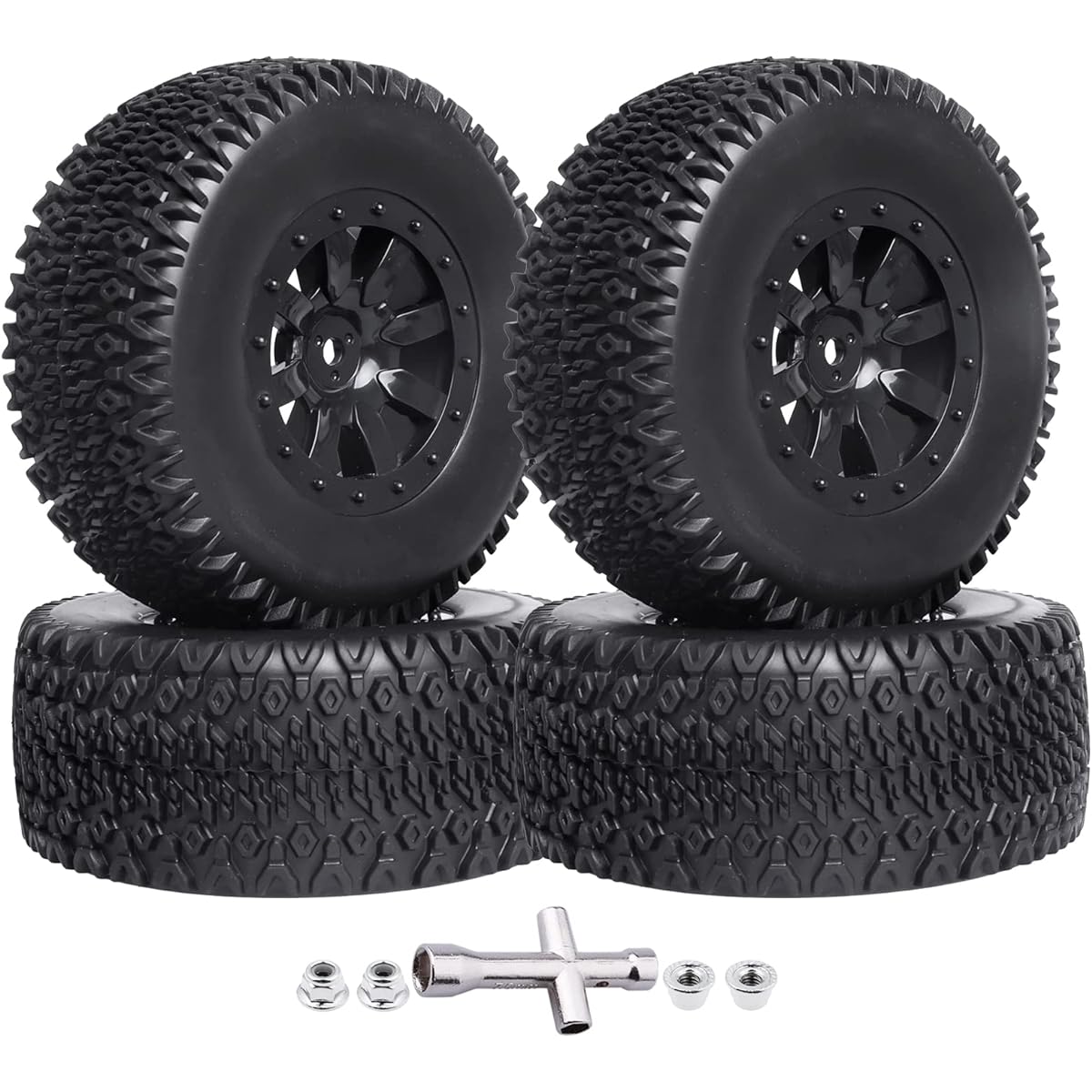 RC Short Course Truck Tires 1/10 Scale High Performance Adhesive Pre-Adhesive RC Wheel Rim and Tire Set 12mm Hex with Foam Inserts for Traxxas Slash 4X4 2WD HPI VKAR Redcat HSP LRP 4pcs (Style B)