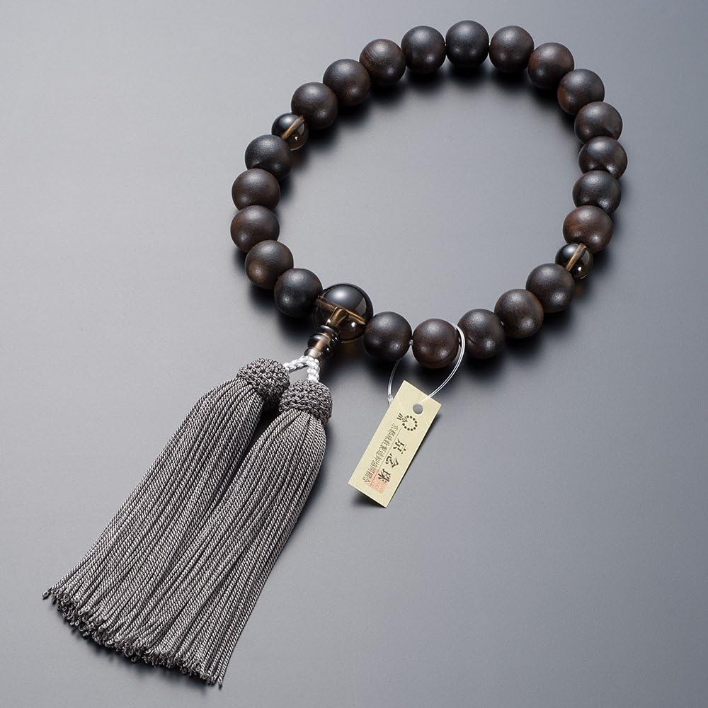 [Buddhist Altar Shop Takita Shoten] Kyoto Prayer Beads for Men, Striped Ebony (Matte), Brown Crystal Tailoring, 22 Beads, Pure Silk Head Tassel, Bead Bag Included, Can Be Used by All Sects, Certificate Included