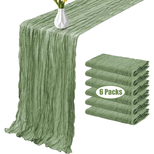 6 Pack 10ft Sage Green Cheesecloth Table Runner 35x120 Inch Boho Gauze Rustic Cheesecloth Table Runner Romantic Table Runner for Wedding Bridal Baby Shower Birthday Party Table Decoration