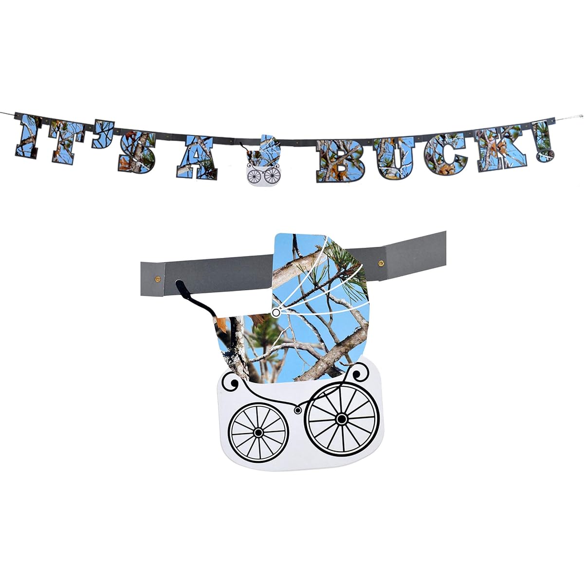 Havercamp Baby Boy Camo Gender Reveal Banner - It's A Buck Banner! - 7 1/2 feet long with 7 inch letters in light blue camo. Baby Boy Gender Reveal Party Collection