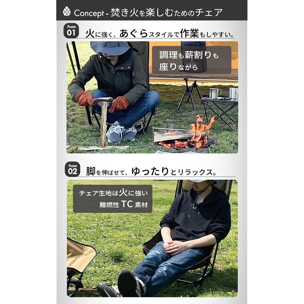 BOKKURY Outdoor Chair, Low Chair, High Back Cross-legged Chair, Lightweight 1.2kg, Compact, Flame Retardant TC Material, Camping Low Style (Khaki)