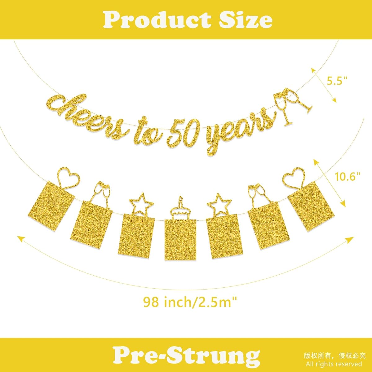 Cheers to 50 Years Photo Banner 50th Anniversary Birthday Decoration Gold