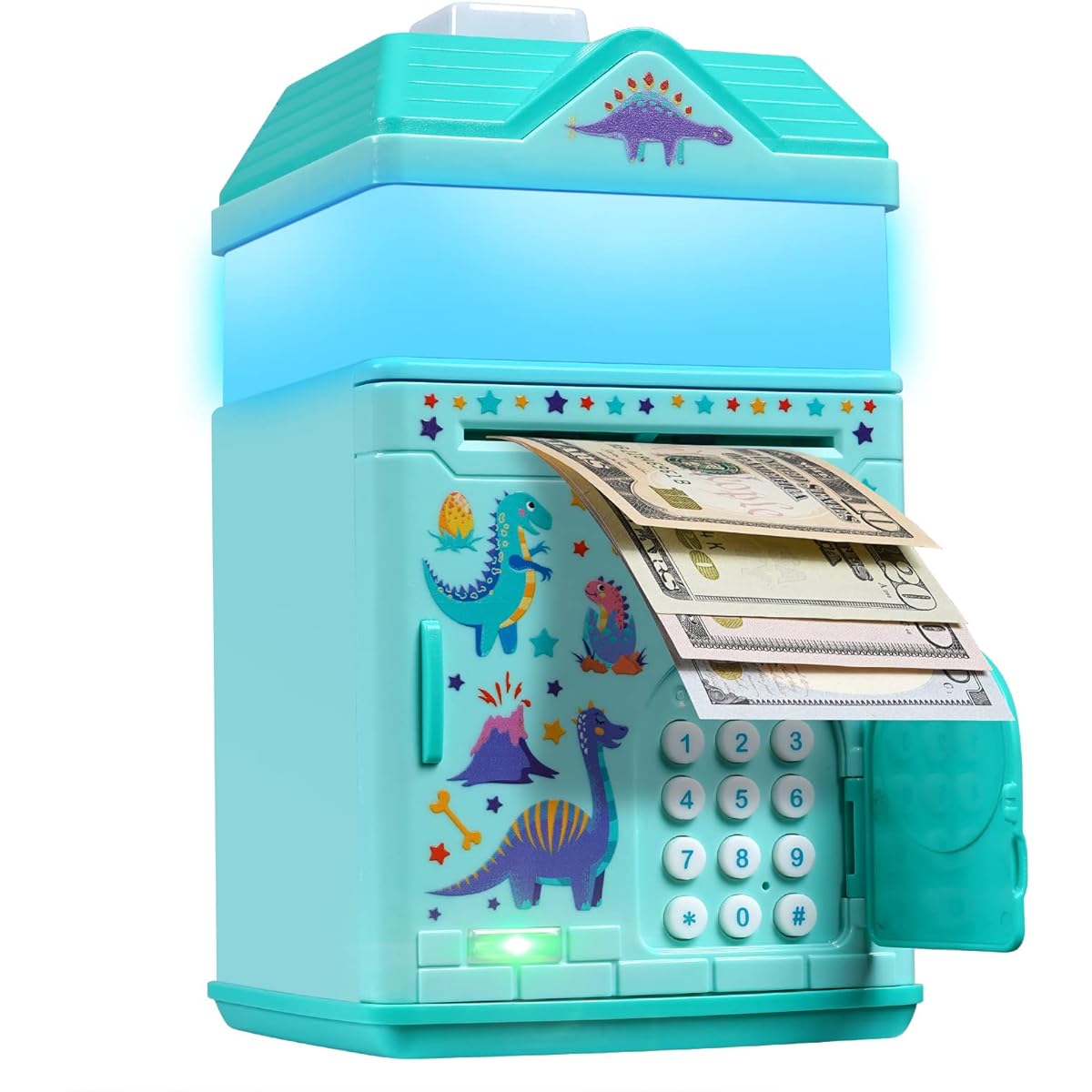 Dinosaur Piggy Bank for Boys, Electronic Money Code Bank with LED Night Light and Music, Cute Dinosaur Pattern ATM Safe Box, Personal Password Setting, Auto Money Scroll, Kids Birthday