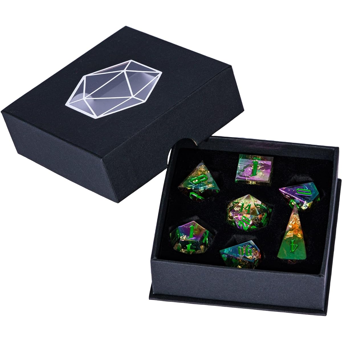 Cusdie Sharp Edge DND Dice 7pcs D&D Dice Handcrafted Polyhedral Dice Set for Role Playing Games MTG Pathfinder (Gold Foil/Vortex G)