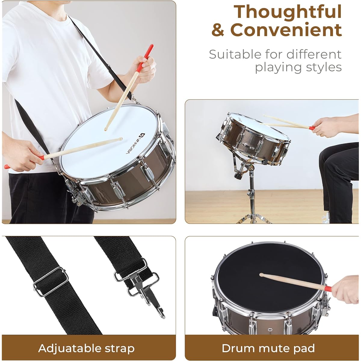 Vangoa Snare Drum Set Student Snare Drum Kit with Stand Drum Mute Pad 5A Drumsticks Drum Key Sticks 14" x 5.5" Brown