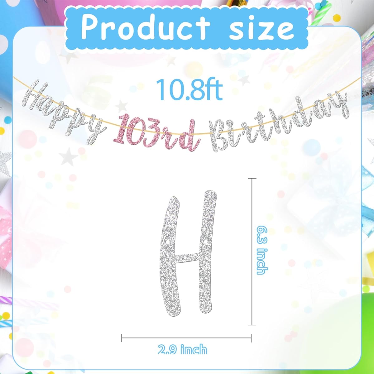 Halodete Happy 103rd Birthday Banner for Women, 103 Years Old, 103rd Birthday Gifts, 103rd Birthday Gifts, 103rd Party Garland, Bunting Decorations, Silver Glitter