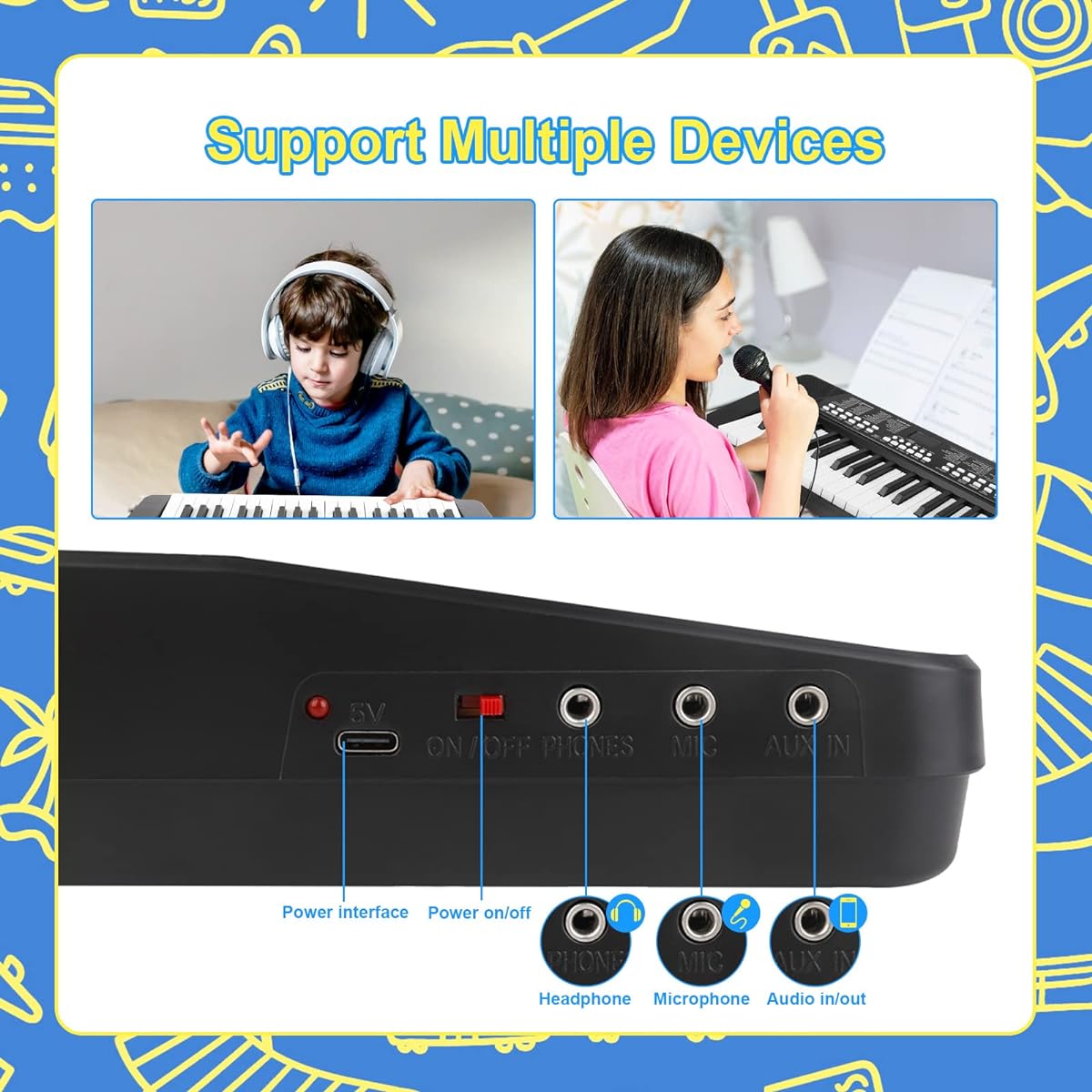 Piano Keyboard for Beginners 37 Keys Portable Electronic Keyboard Piano with Built-in Rechargeable Battery Kids Piano with Headphone Jack for Learning Instruments 3 4 5 6 7 Boys Girls Gift