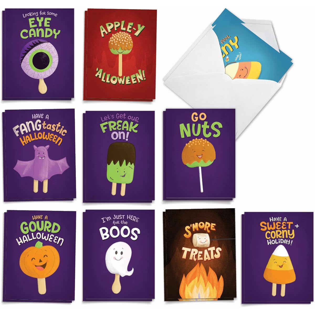 The Best Card Company Trick or Treat Puns - 20 Boxed Halloween Note Cards with Envelopes (4 x 5.12 Inches) - AM8851HWG-B2x10