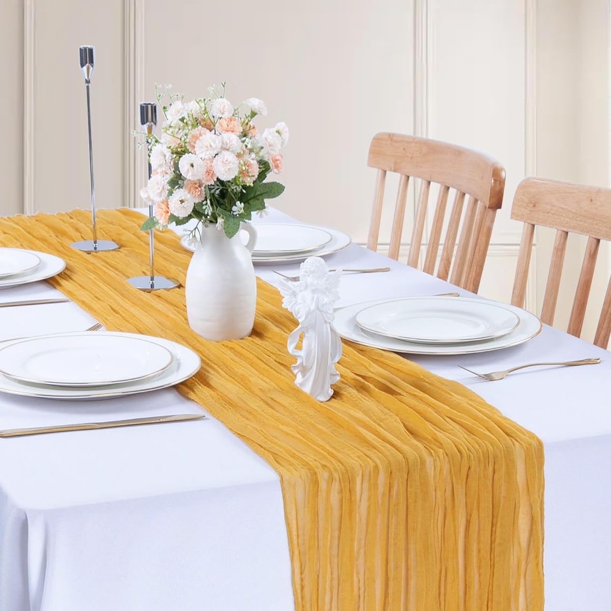 TuTive Cheesecloth Table Runner 15ft Wrinkle Gauze Table Runner Boho Table Runner for Wedding Birthday Party Bridal Shower Reception Dining Table Decorations Everyday Use at Home (Yellow, 35x181 Inch)