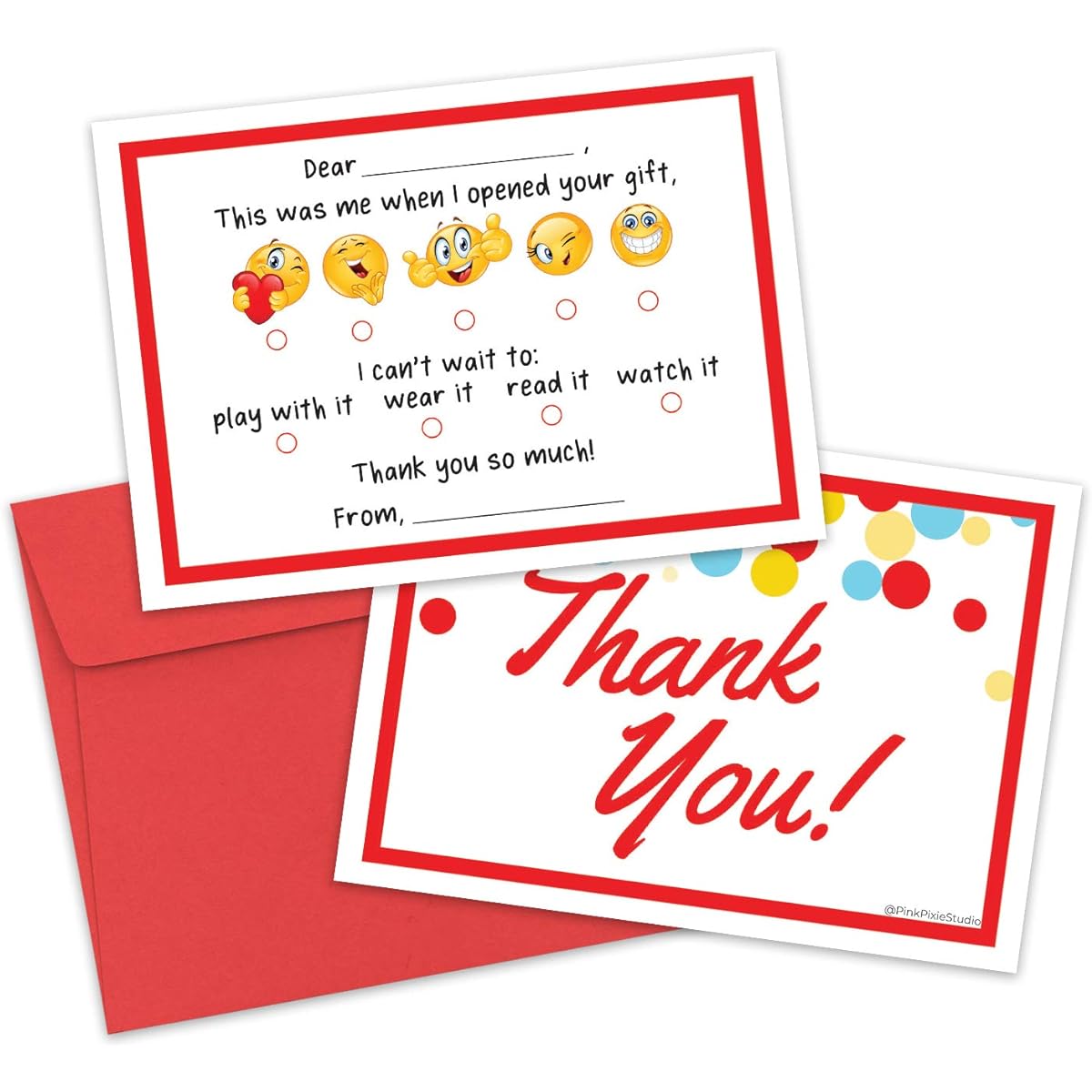 Kids Blank Emoji Thank You Notes 5 x 7 inches - 25 Cards with Red Envelopes Fun Easy Gender Neutral Gratitude Boys Girls