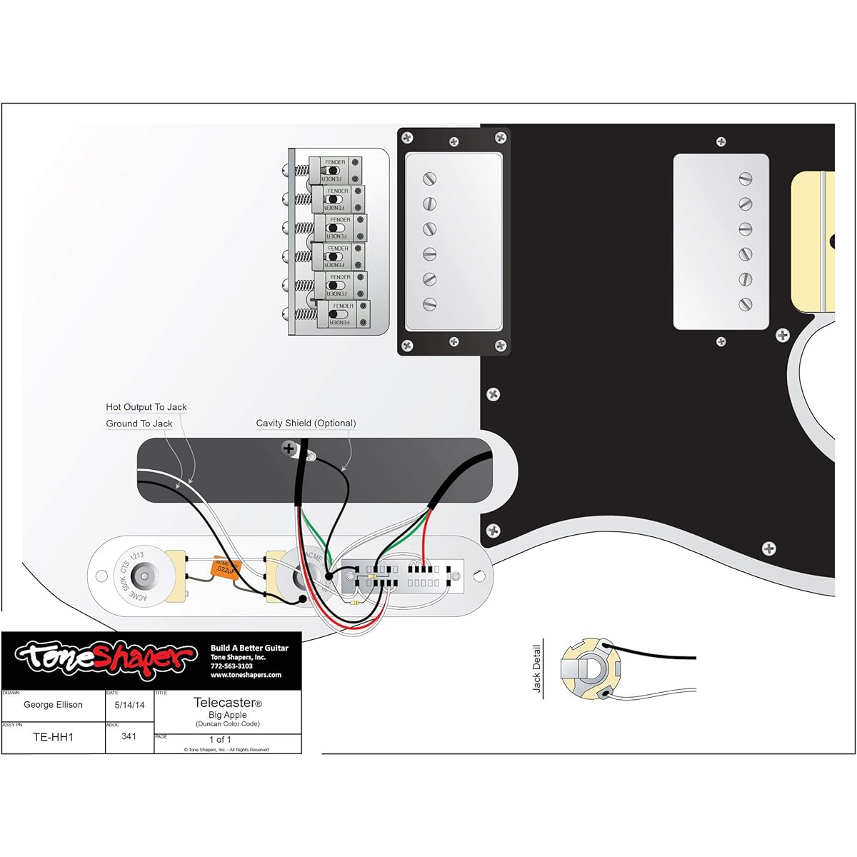 ToneShapers Wiring Kit for Telecaster HH1 (Big Apple - 4 conductor humbucker required)