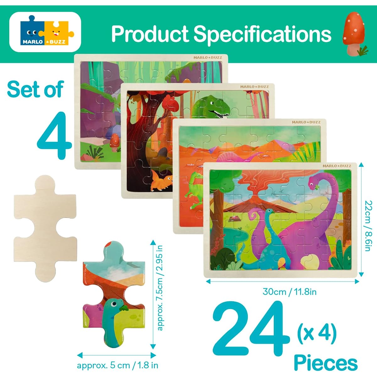 Dinosaur Wooden Puzzle Set of 4, Ages 4-5, 6-7, 8-10, Large Floor Jigsaw Puzzle, Everyday Educational and Fun Game for Toddlers/Kids/Little Boys/Girls (Set of 4 Dinosaurs)