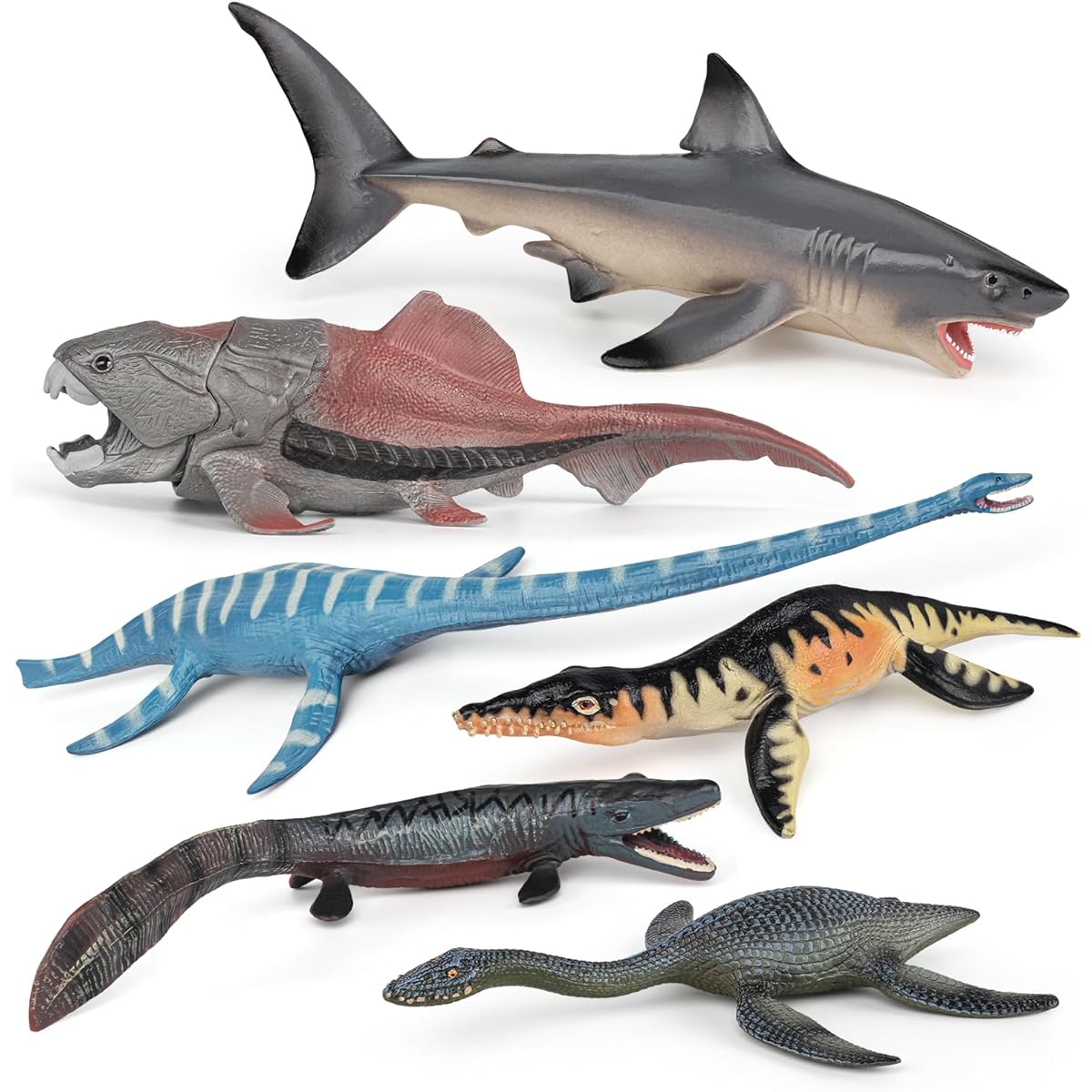 7 Pieces Prehistoric Ancient Marine Animals Model Figures Playset Dunkleosteus Plesiosaurus Tylosaurus Shark Figurines Party Favors Cake Topper Decoration Collection Toys for Boys Girls Kids