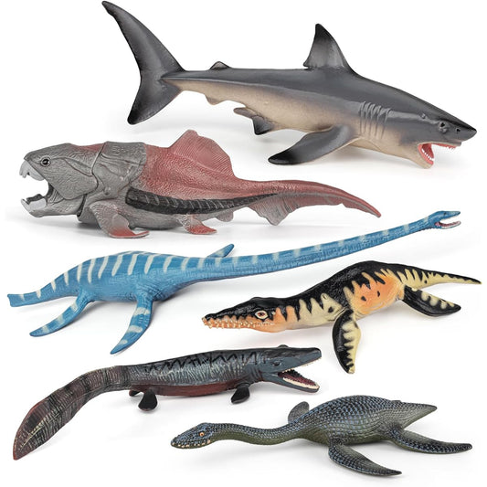 7 Pieces Prehistoric Ancient Marine Animals Model Figures Playset Dunkleosteus Plesiosaurus Tylosaurus Shark Figurines Party Favors Cake Topper Decoration Collection Toys for Boys Girls Kids