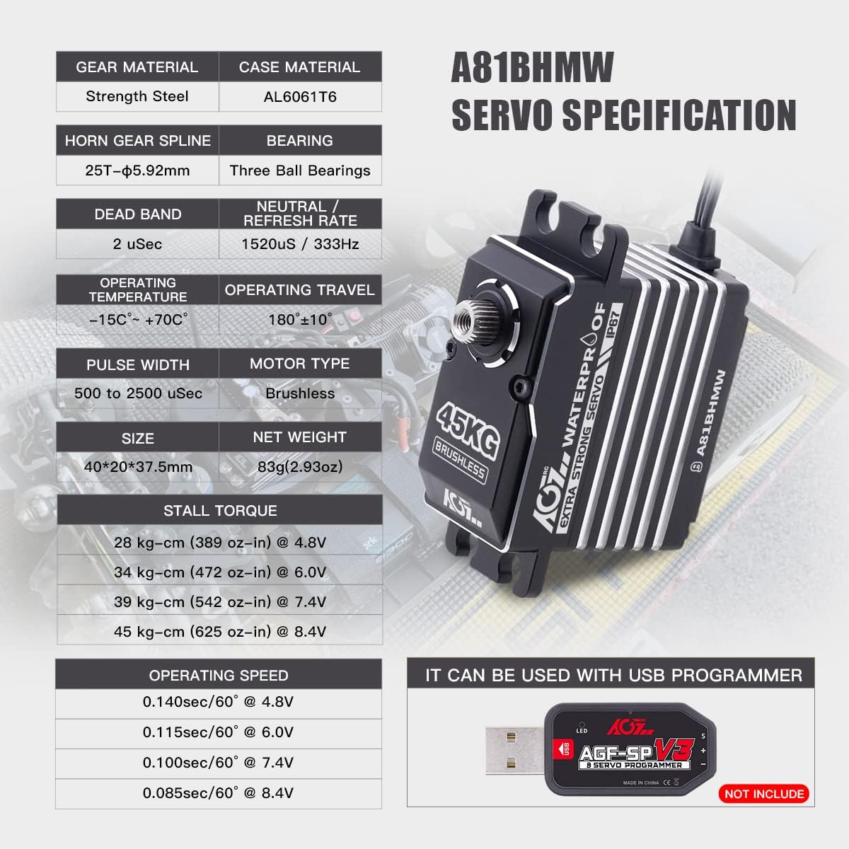 AGFRC 45KG Waterproof Steering Servo Motor High Torque - Full Metal Gear Digital Programmable Brushless Servo for 1/8 1/10 RC Boat Car Control Angle 180°(A81BHMW)