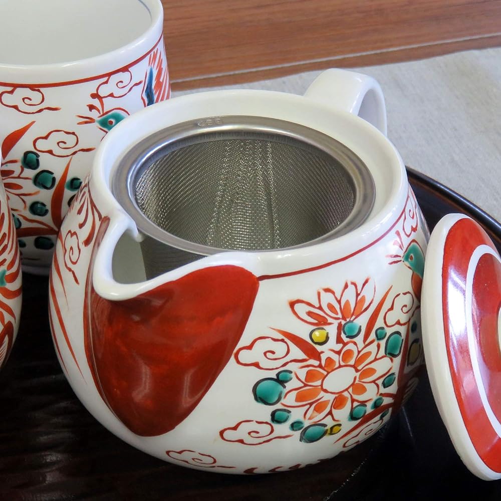 Pair teacup teapot set Kutani ware red gosu pottery brand Japanese tableware made in Japan