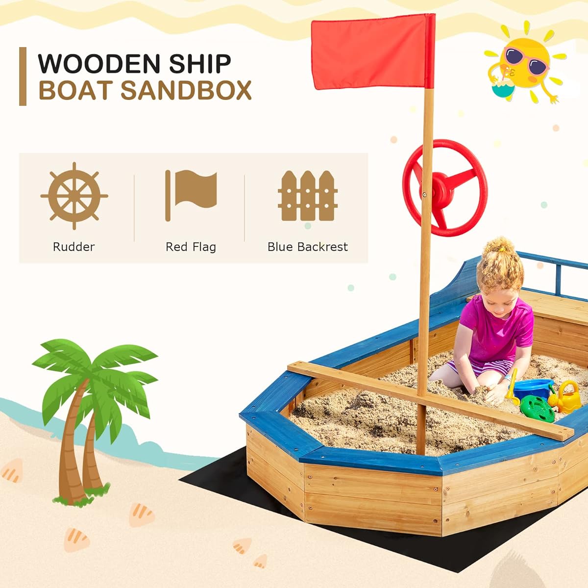 HONEY JOY Pirate Ship Sandbox for Kids, Wooden Bottomless Sand Boat with Liner, Sandbox with Realistic Flags and Handles, Storage Bench Seat, Outdoor Sandbox with Backrest for Backyard