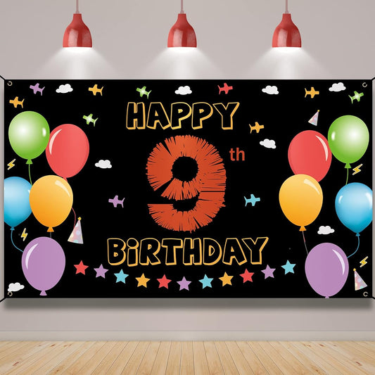 9th Birthday Backdrop Banner,Happy 9th Birthday Decorations for Girls and Boys,9th Birthday Yard Sign,Colorful 9th Birthday Party Background Photo Props Outdoor Indoor Fabric Vicycaty