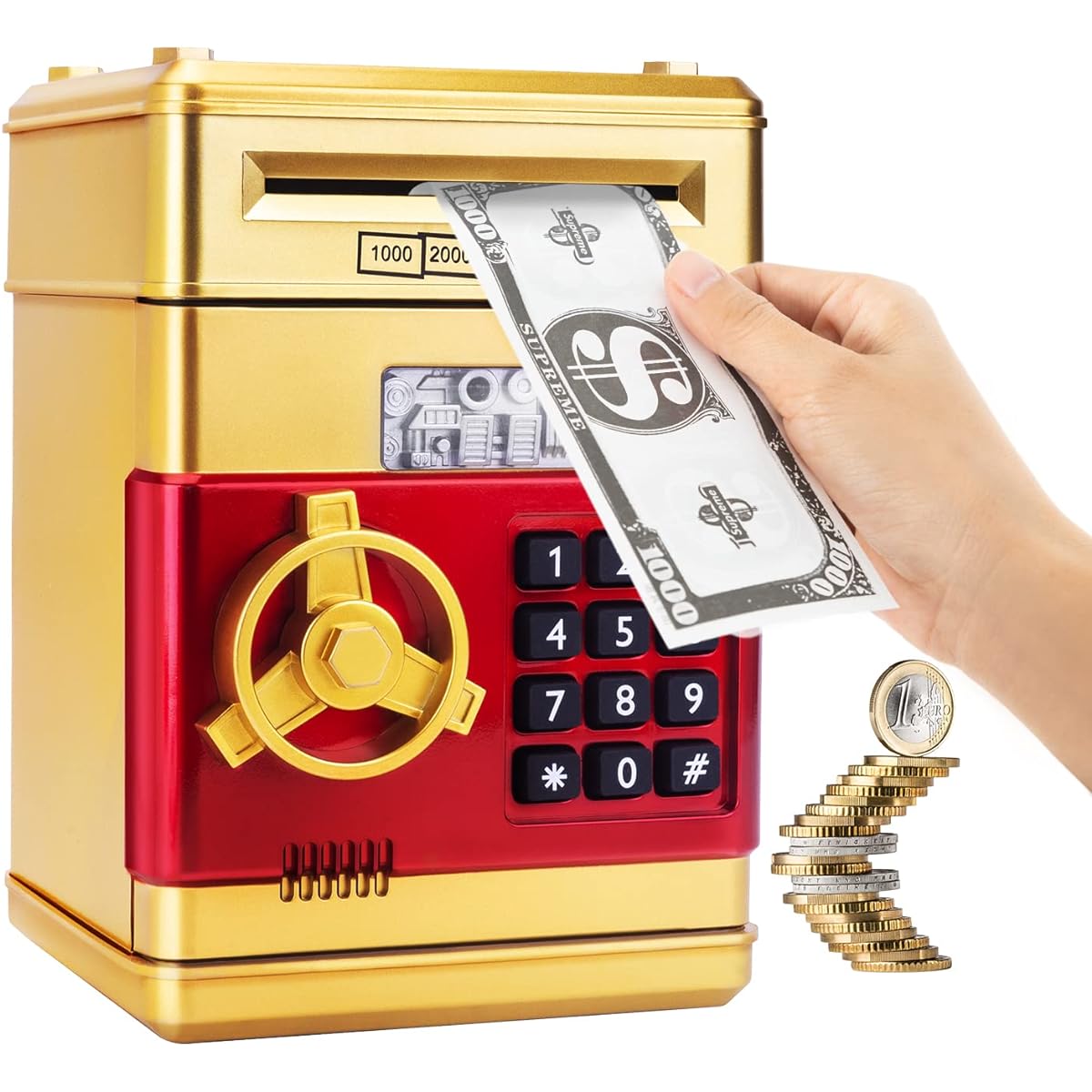 gold pink piggy bank birthday toy gift 4 5 6 7 8 9 10 years old boy girl electronic real money coin ATM machine plastic large savings piggy bank safe lock box children cute cute play play fun