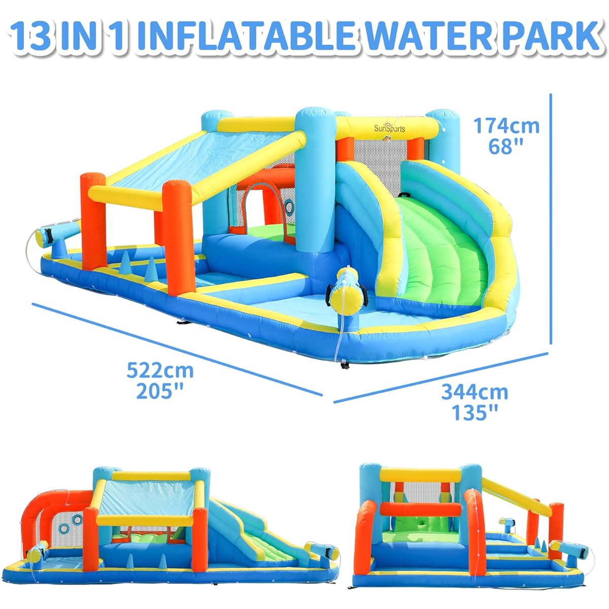 SunSports Inflatable Water Slide Bounce House Kids Backyard Inflatable Water Park with Splash Pool Jump House with Water Slide Bouncy Castle for Wet & Dry