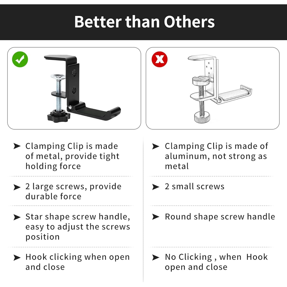 merryhome Headphone Stand Headset Holder Under Desk Hanger Desk Clamp Metal Black Universal Fit Hook Adjustable PC Gaming Holder Headphone Stand Soundbar Mount Design