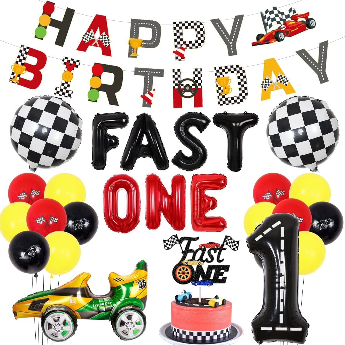 Fast One Race Car First Birthday Party Decorations for Boys Let's Go Racing Birthday Decorations Race Car Balloon Garland Kit Red Yellow Happy Birthday Banner First One Cake Topper Checkered Flag Balloon
