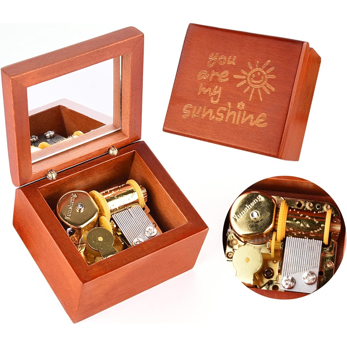UNIQLED Music Box You are My Sunshine Gift Wooden Music Box Mechanism Antique Vintage Music Box with Mirror for Birthday/Christmas/Valentine's Day/Mother's Day