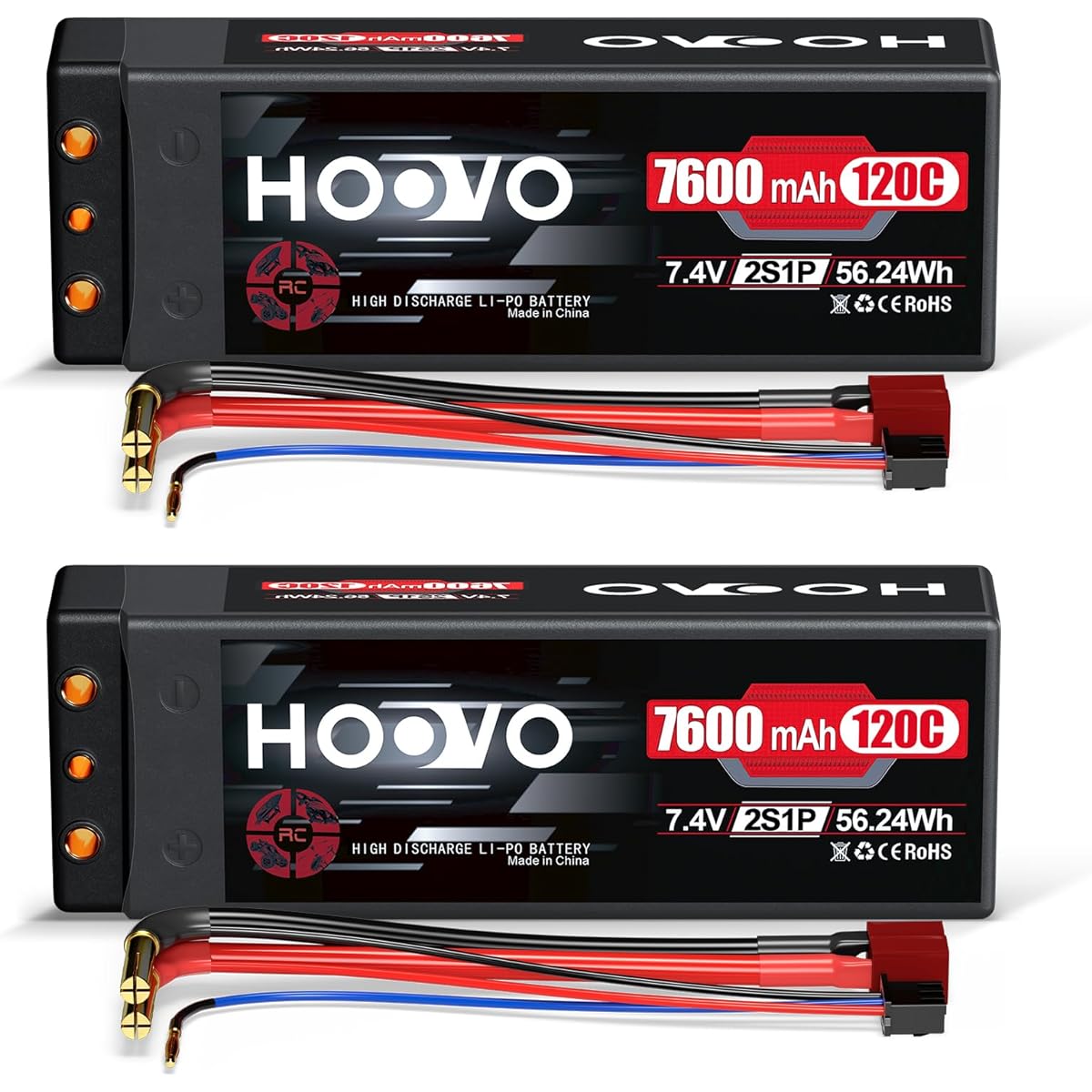HOOVO 7600mAh 2S LiPo Battery 7.4V 120C RC Battery with Hard Case Deans T Plug for RC Drag Cars RC Trucks Boats DJI Heli Planes RC Models (2 Pack)