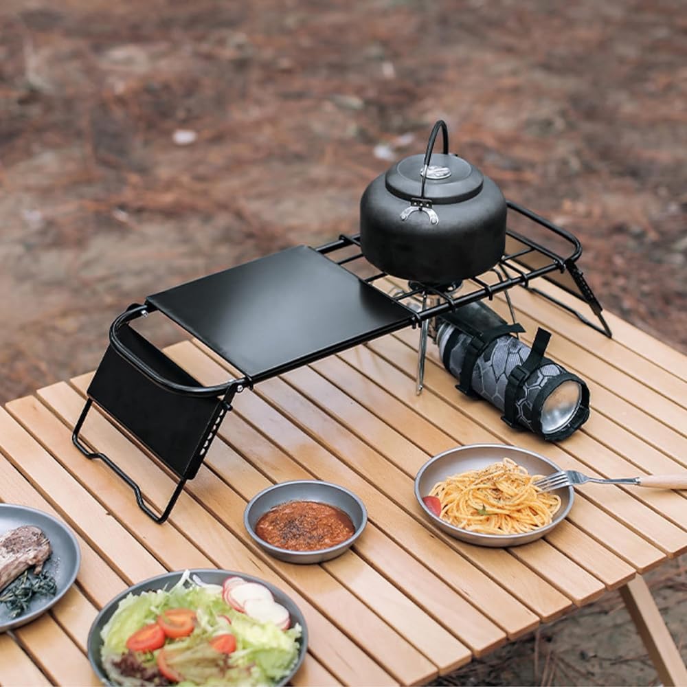 ISE MOUNT Mini Low Table, System Kitchen for Solo Camping, Built-in Trive, Solo Table, Length Adjustable, 52.5-72.5cm, Black
