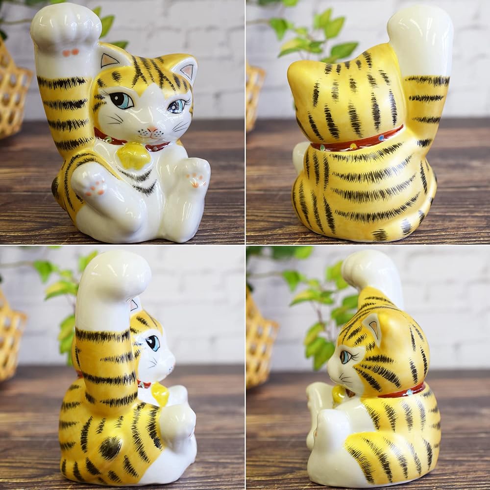 Right Hand Lucky Cat Ornament Ceramic Kutani Ware Strong Arm Lucky Cat Gold Color Feng Shui Good Luck Interior Japanese Style Accessories