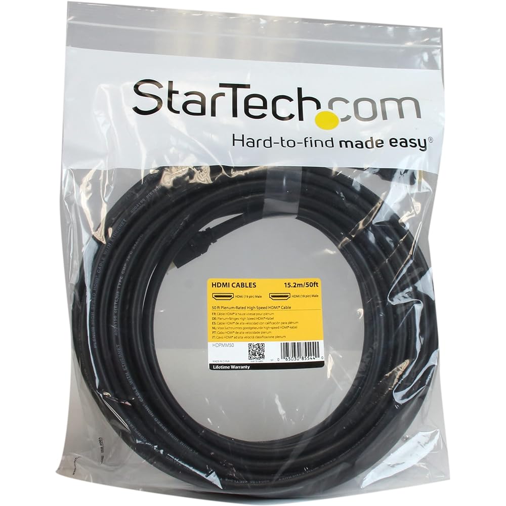 StarTech.com HDMI 1.4 Cable/15.2m/4K30Hz/Ethernet Compatible/High Speed HDMI/Plenum Rated/Male/Male/Black HDPMM50