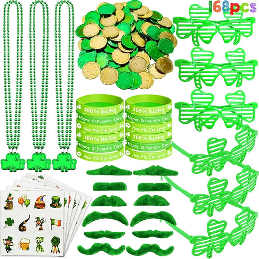 108pcs St. Patrick's Day Party Favors Accessories Set - Shamrock Bead Necklaces, Shamrock Glasses, Temporary Tattoos, Mustache, Bracelets for Kids St. Patrick's Day Irish Theme Party Props Decorations