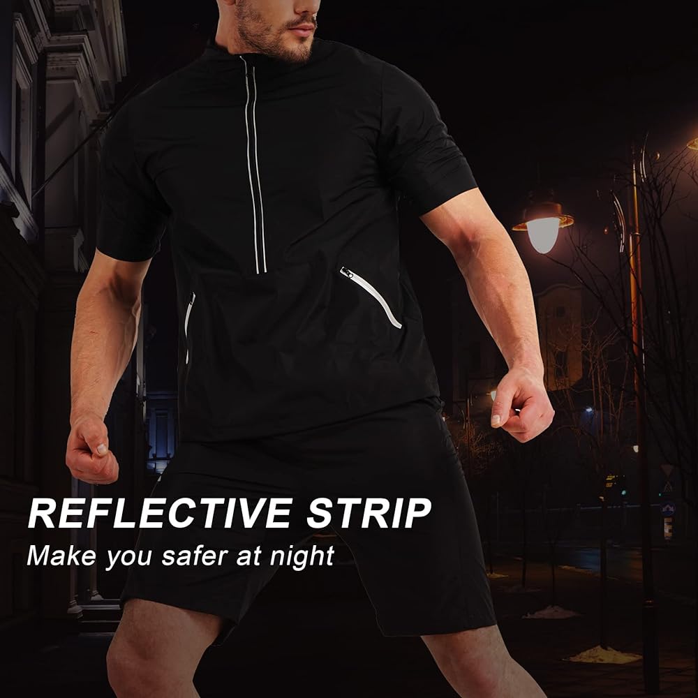 [Sawaiko] Men's Sauna Jacket, Washable, Short Sleeve, Heavy Sweating, Running, Windbreaker, T-Shirt, Pullover, Hood, Stylish, Athletic Wear, Waterproof, Training Wear, Walking Sportswear, Exercise